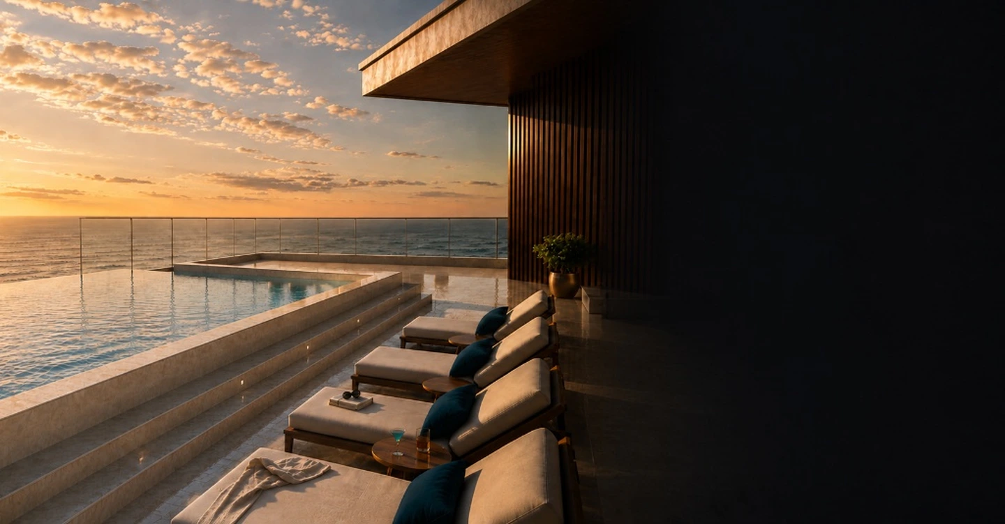 Elaris luxury infinity pool at sunset
